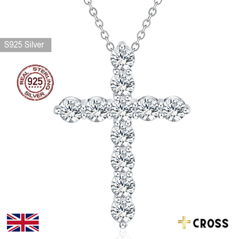 925 Sterling Silver Necklace 18 inch Shiny crystal Elegant cross Pendant